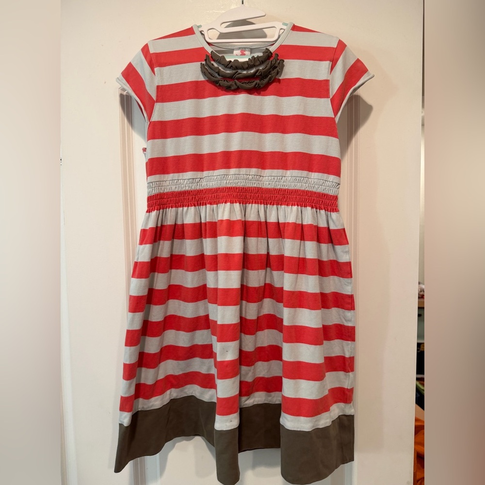 Matilda Jane Coral and White Striped Casual Dress with Brown Hem - Sz 8